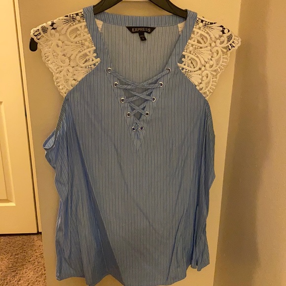 Blue & White Striped Lacey Express Top Size Large - Picture 5 of 7